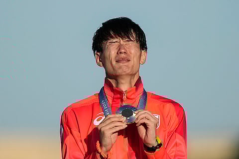 Men's Modern Pentathlon: Japan's Taishu Sato celebrates winning gold